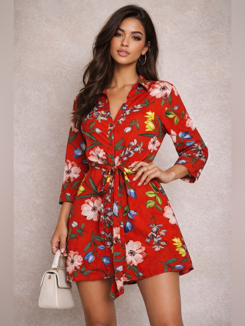 AX Paris Floral Tie Waist Shirt Dress Red Multicolor 3/4 Sleeve Size 12